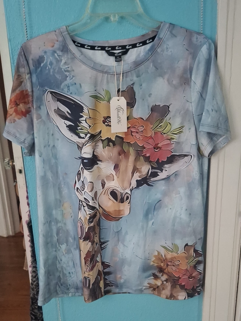 SHALL WE GIRAFFE T-SHIRT WOMENS or ADULT LARGE SUPER MOD COLORFUL NWT